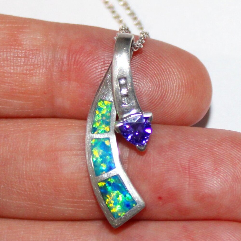 Sterling Silver Faux Opal Amethyst Necklace - Picture 7 of 7